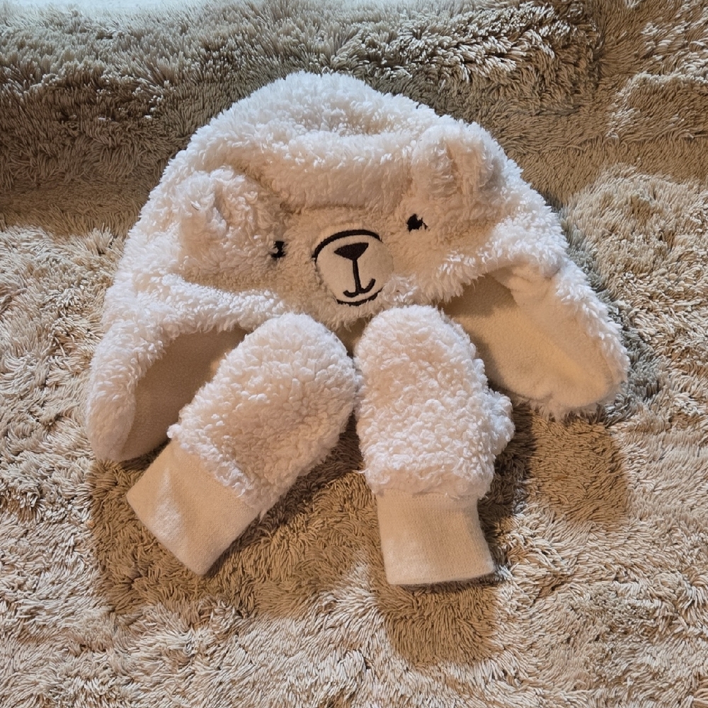 GAP Cream Plush Bear Hat with Matching Mittens